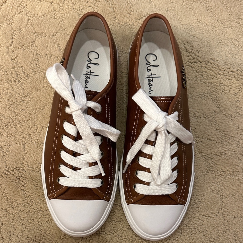 New Cole Haan Tan Leather Sneakers with White Accents. Size 8B.